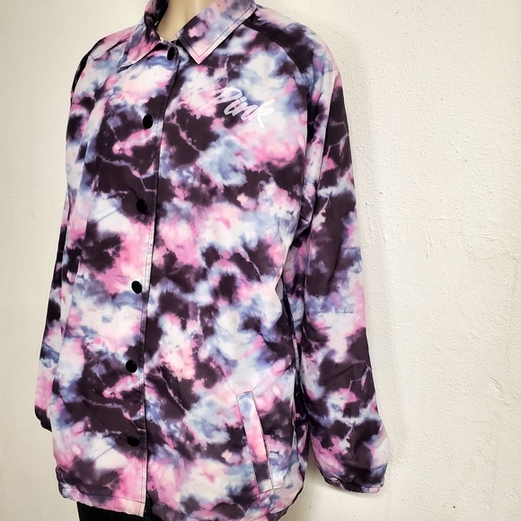 PINK Victoria's Secret Snap Front Coach Jacket Watercolor TieDye Women's Size S - Picture 15 of 16